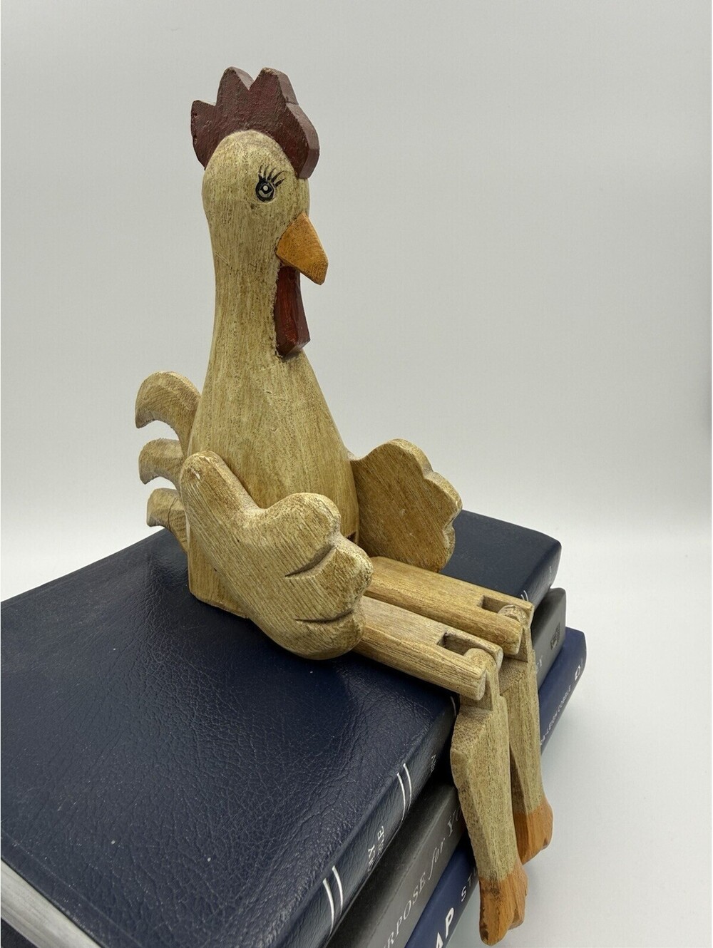 WOODEN ROOSTER Shelf Sitter Hinged Jointed Hand Painted Carved Vintage Folk Art